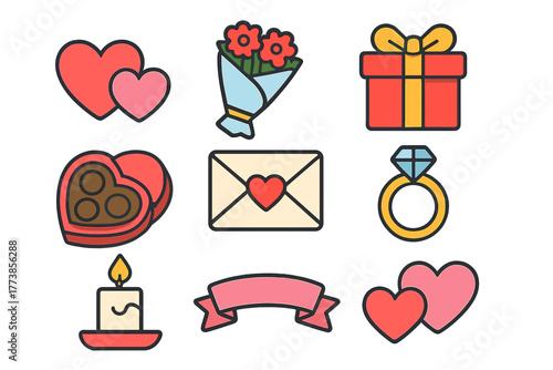 Collection of love and romance symbols including hearts, gift, flowers, chocolate, and engagement ring