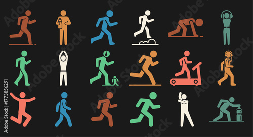 Collection of solid filled runner icons showcasing diverse athletic activities with multiple color variations against a black background