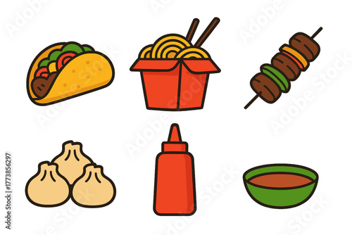 Popular international street food collection featuring taco, noodles, kebab, dumplings, and sauces