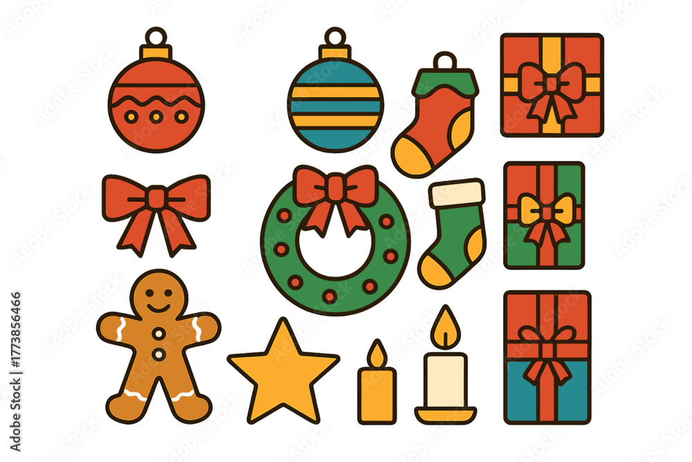 Fototapeta premium Assortment of traditional Christmas and winter holiday decorations like ornaments, gift boxes, wreath, stocking, and gingerbread cookie