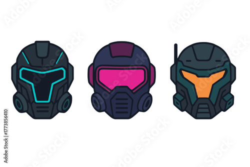 Three futuristic sci-fi combat helmets featuring glowing visors and dark armor designs