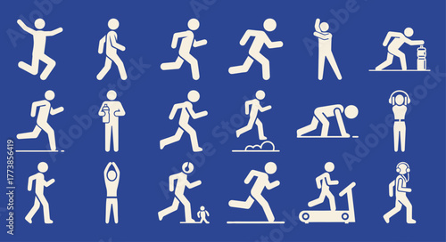Solid filled runner activity icons in black and blue perfect for fitness apps sports events and health related digital designs