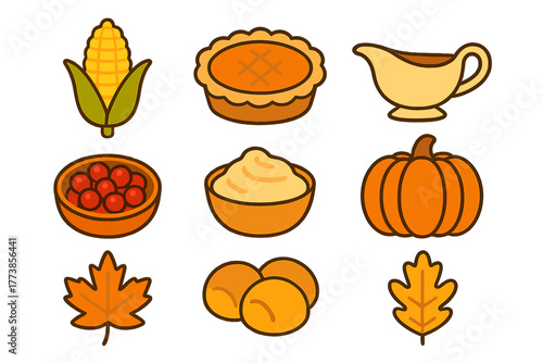 Traditional Autumn harvest and Thanksgiving dinner food symbols set