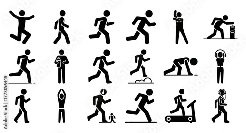 Comprehensive solid black runner icon set illustrating diverse running activities and sports performance for fitness and athletic design projects