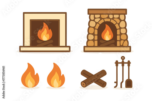 Cozy modern and rustic stone fireplaces with burning fire logs and essential tools