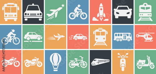 Diverse transportation icons including a car bicycle airplane and train presented in a solid filled style with varied color options for design projects