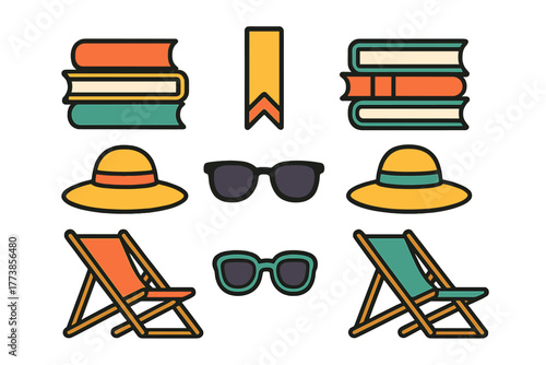 Summer vacation essentials collection featuring books, sun hats, sunglasses, and folding deck chairs