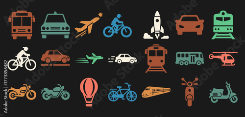 Comprehensive transportation icon set featuring car bicycle airplane and train in various vibrant colors against a dark background