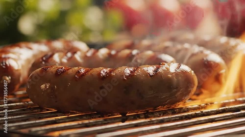 Grilled Sausages Sizzling Over Fiery Grill with Tomato Garnish Warm Tones Delicious Meat Close Up Shot on Grill Rack with Flames and Greenery in Soft Focus