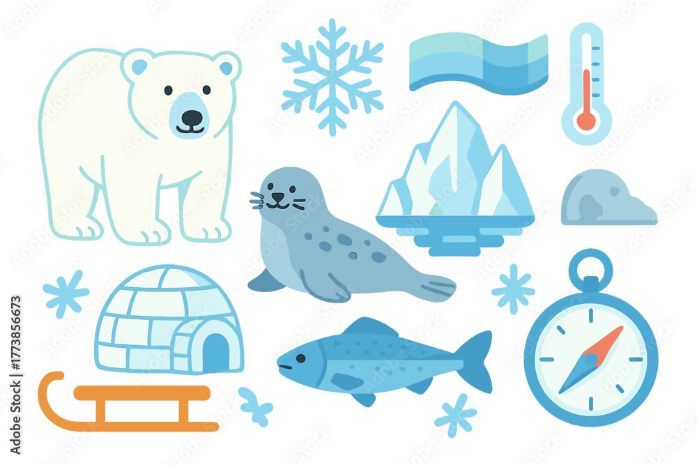 Naklejka premium Cute Arctic animals and cold climate elements including polar bear, seal, igloo, and iceberg