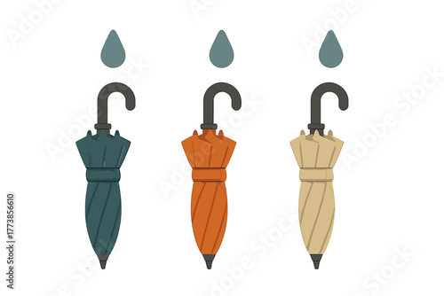 Three folded umbrellas in teal, orange, and beige with stylized rain drops