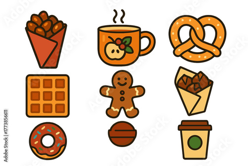 Set of sweet baked goods and hot beverages icons including gingerbread man, pretzel, donut, and steaming mug
