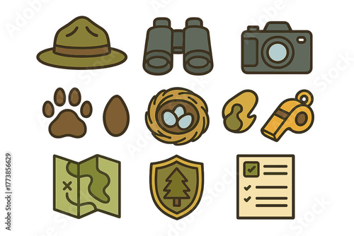Park ranger and outdoor exploration symbols set with hat binoculars camera and map
