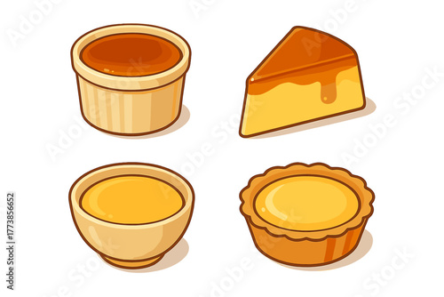 Assortment of classic creamy flan and caramel custard desserts served in bowls and slices