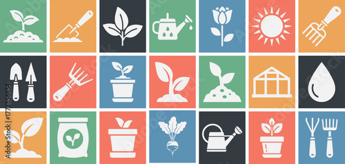 Comprehensive collection of solid filled icons representing essential greenhouse farming elements including plants watering cans structures seedlings and gardening tools in various color options
