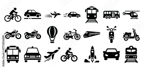 Collection of solid filled transportation icons illustrating car driving bicycle rides airplane flights and train journeys on diverse backgrounds