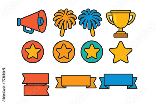 Colorful achievement icon collection with trophy, megaphone, stars, ribbons, and pom-poms