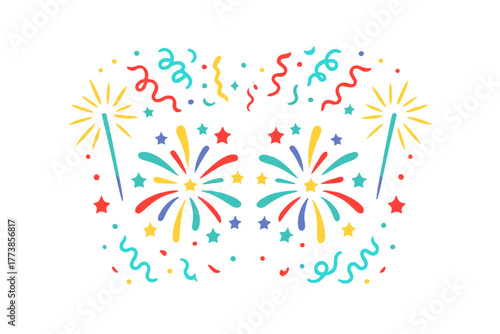 Colorful abstract festive explosion of fireworks confetti and streamers for celebration background