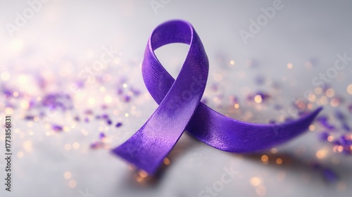 Crohn's and Colitis Awareness Week. A purple ribbon floating above a white background surrounded by faint glowing particles symbolizing hope and awareness