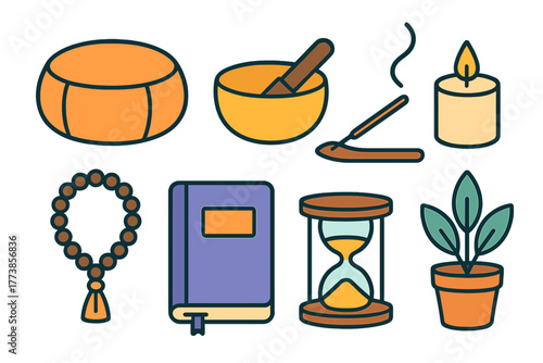 Spiritual and wellness objects collection featuring meditation cushion, prayer beads, candle, and sacred book