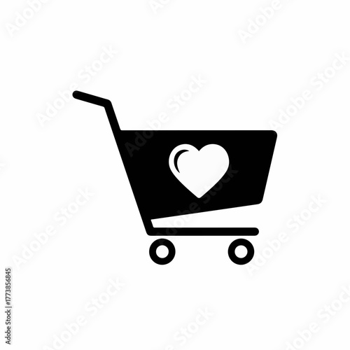 Shopping cart with heart presents retail concept for online commerce, ecommerce, and social causes. Shopping cart icon shows care and consumer sentiment, represents purchases.