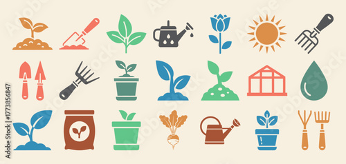 Comprehensive collection of solid filled icons representing essential greenhouse farming elements including plants watering cans structures seedlings and various tools with color variations
