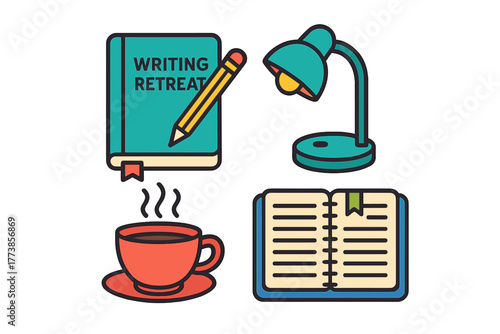 Essentials for a writing retreat including a book, pencil, desk lamp, coffee cup, and open notebook
