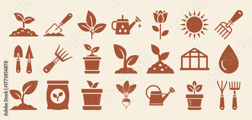 Comprehensive solid filled icon set for greenhouse farming featuring plants watering cans structures seedlings and essential tools on a blue background