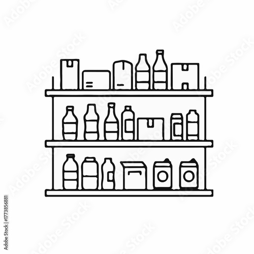 Line art illustration depicting pantry shelves with various bottles and containers, showcasing organized pantry shelves for food storage. Pantry shelves provide a minimalist pantry storage,