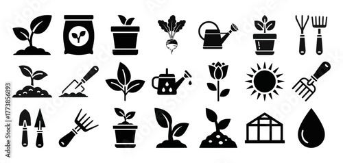 Solid filled icon set for greenhouse farming essentials featuring plants watering cans greenhouses seedlings and tools for agricultural design