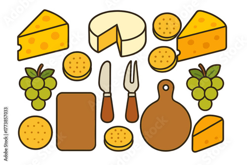 Delicious cheese platter ingredients and serving accessories set on a white background