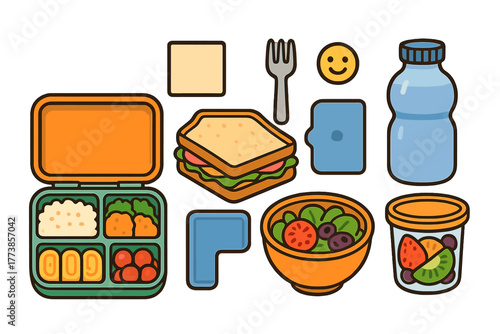 Nutritious lunch elements assortment including bento box, sandwich, salad, fruit cup, and water bottle