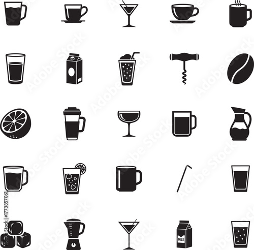 Drink And Juice Silhouette icon collection. Includes Silhouette symbols drink, juice, beverage, glass, mug, coffee, tea, cafe and more. Isolated icons. Drink icon set. Minimalist icons pack.