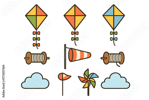 Colorful kites, windsock, pinwheel, and clouds set for outdoor activities and weather