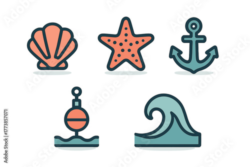 Colorful nautical and marine icons featuring seashell, starfish, anchor, buoy, and ocean wave