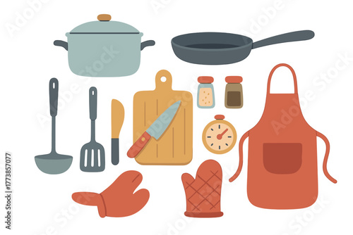 Collection of essential kitchen utensils and cooking equipment for home cooking