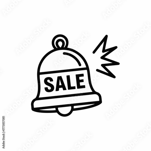 Ringing sale bell outline on white, sale bell symbol for promotions and discounts. Decorative sale bell alerts shoppers and announces offers, special deals and price reductions.