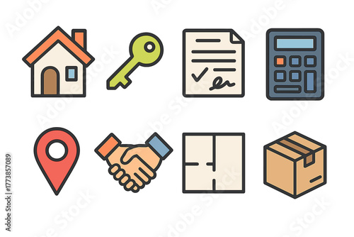 Colorful real estate and property transaction symbols showing house key contract and calculator