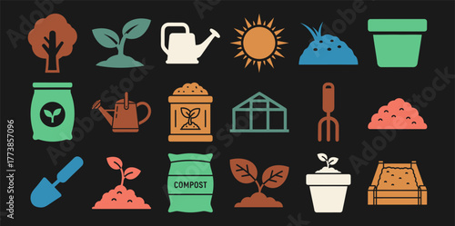 Comprehensive greenhouse farming icon set featuring plant watering can structure and seedling illustrations in multiple color variations on a black background for agricultural design