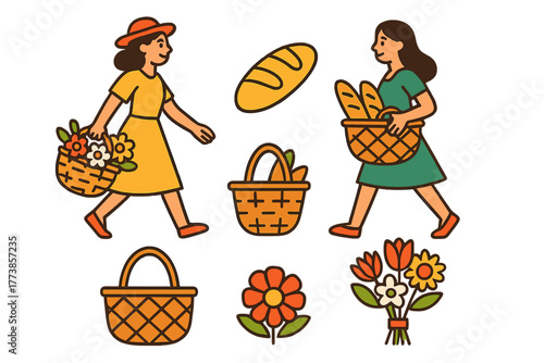 Women carrying baskets filled with flowers and bread for a spring picnic outing