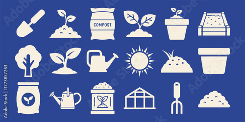Modern solid filled icon set for greenhouse farming featuring essential elements like plants watering cans and seedlings on a blue background