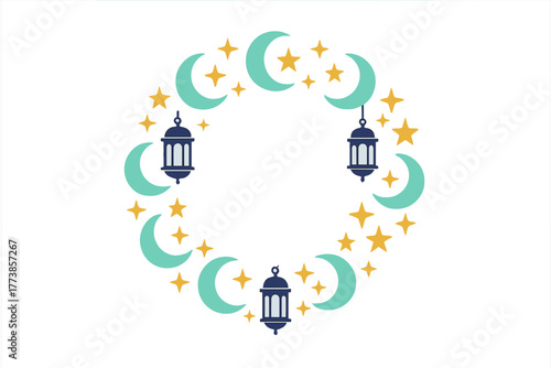 Decorative frame border made of crescent moons, shining stars, and traditional Arabic lanterns for Islamic holidays