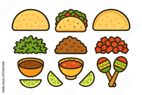 Variety of Mexican cuisine elements including tacos, fresh ingredients, sauces, lime, and maracas