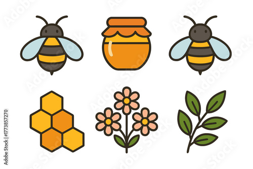 Colorful set of icons showing honey production elements like bees, jar, honeycomb, and flowers