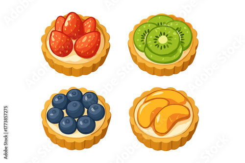 Four sweet fruit tarts featuring strawberry kiwi blueberry and peach slices on creamy filling