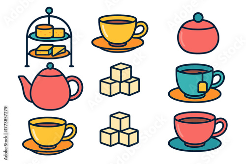 Colorful tea party elements collection including cups, teapot, sugar cubes, and tiered serving stand