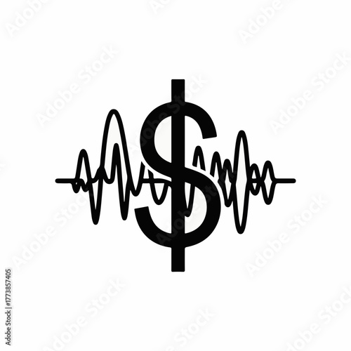 Dólar con ilustración de forma de onda sobre fondo blanco limpio, dollar sign with waveform illustration on clean white backdrop represents financial fluctuation and economic activity.