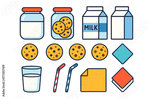 Milk, cookies, jars, cartons, and drinking straws featuring common breakfast and snack items