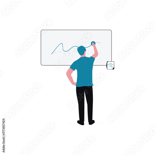 Flat illustration of a person drawing a line graph or chart on a whiteboard, symbolizing data analysis, business presentation, and statistical reporting.
