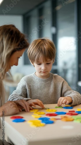 A child and an adult collaborate on an educational game using vibrant plastic pieces, fostering cognitive development and teamwork. The contemporary setting enhances the playful learning atmosphere